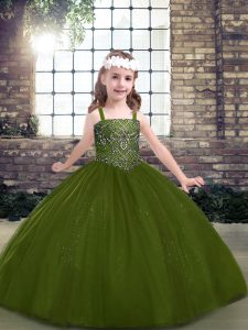 Low Price Straps Sleeveless Kids Pageant Dress Floor Length Beading Olive Green Tulle