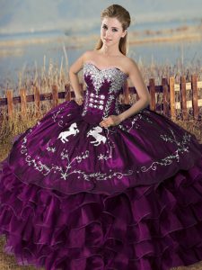 Fashionable Purple Quinceanera Gowns Sweet 16 and Quinceanera with Embroidery and Ruffles Sweetheart Sleeveless Lace Up