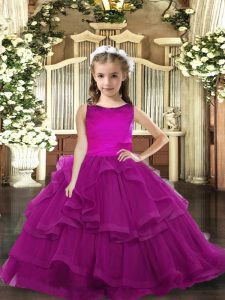 Attractive Purple Ball Gowns Scoop Sleeveless Tulle Floor Length Lace Up Ruffled Layers Kids Pageant Dress