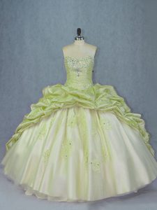  Lace Up Quince Ball Gowns Yellow Green for Sweet 16 and Quinceanera with Beading and Appliques Brush Train