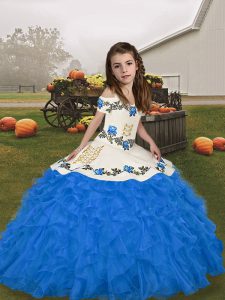  Blue Lace Up Little Girls Pageant Dress Embroidery and Ruffles Sleeveless Floor Length