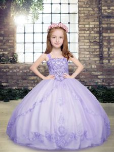 Fancy Floor Length Ball Gowns Sleeveless Lavender Little Girl Pageant Gowns Lace Up