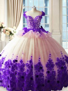 Eye-catching Sleeveless Tulle Brush Train Zipper Vestidos de Quinceanera in White And Purple with Hand Made Flower