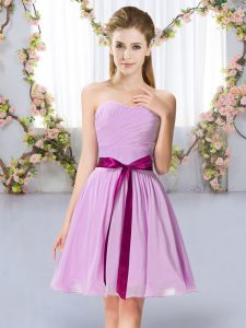 Fantastic Lavender Chiffon Lace Up Sweetheart Sleeveless Mini Length Dama Dress Belt