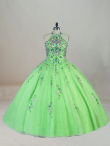 Edgy Tulle Sleeveless 15th Birthday Dress Brush Train and Appliques and Embroidery