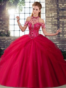  Coral Red Halter Top Neckline Beading and Pick Ups 15 Quinceanera Dress Sleeveless Lace Up