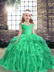  Turquoise Ball Gowns Beading and Ruffles Kids Pageant Dress Lace Up Organza Long Sleeves Floor Length