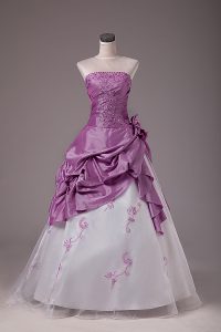 Exquisite Lilac Strapless Lace Up Embroidery and Pick Ups Quince Ball Gowns Sleeveless