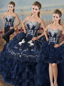  Sleeveless Satin and Organza Lace Up Quinceanera Gown in Navy Blue with Embroidery and Ruffles