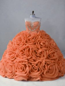  Sweetheart Sleeveless Sweet 16 Dress Brush Train Beading Orange Fabric With Rolling Flowers