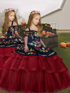  Red Kids Formal Wear Party and Wedding Party with Embroidery and Ruffled Layers Straps Sleeveless Lace Up