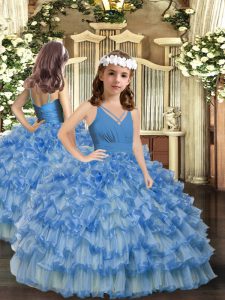 Latest Organza V-neck Sleeveless Zipper Ruffled Layers Girls Pageant Dresses in Blue