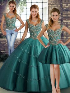  Straps Sleeveless Lace Up Quince Ball Gowns Teal Tulle