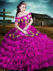 Charming Floor Length Lace Up Quinceanera Gowns Fuchsia for Sweet 16 and Quinceanera with Embroidery and Ruffles