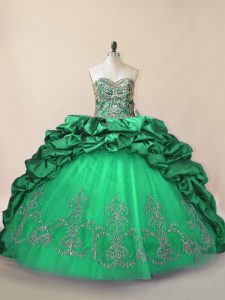 Latest Beading and Pick Ups Quinceanera Dress Green Lace Up Sleeveless Brush Train