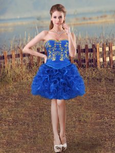Modest Sleeveless Mini Length Embroidery and Ruffles Lace Up Homecoming Dress with Royal Blue