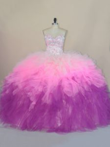 Superior Multi-color Ball Gowns Sweetheart Sleeveless Tulle Brush Train Lace Up Beading and Ruffles Quinceanera Gown