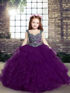  Sleeveless Tulle Floor Length Lace Up Little Girl Pageant Gowns in Eggplant Purple with Beading and Ruffles