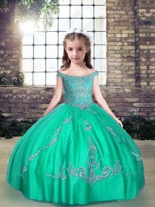 Stunning Turquoise Tulle Lace Up Little Girl Pageant Gowns Sleeveless Floor Length Beading