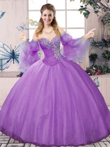 Free and Easy Lavender Long Sleeves Tulle Lace Up Ball Gown Prom Dress for Sweet 16 and Quinceanera