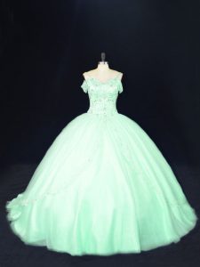 Elegant Apple Green Sweet 16 Dress Off The Shoulder Sleeveless Court Train Lace Up
