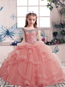 Elegant Sleeveless Tulle Floor Length Lace Up Little Girls Pageant Gowns in Pink with Beading and Ruffles