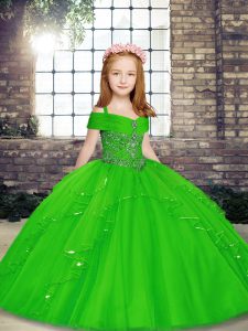  Straps Sleeveless Lace Up Pageant Gowns For Girls Green Tulle