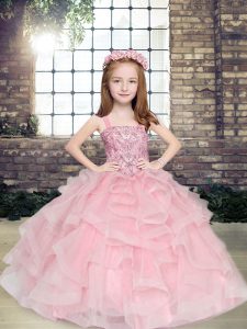  Pink Ball Gowns Beading and Ruffles Child Pageant Dress Lace Up Tulle Sleeveless Floor Length