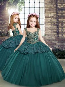  Floor Length Side Zipper Little Girl Pageant Dress Teal for Party and Military Ball and Wedding Party with Beading and Appliques