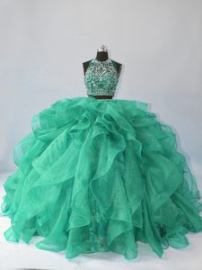 Customized Turquoise Sleeveless Brush Train Beading and Ruffles Sweet 16 Dresses