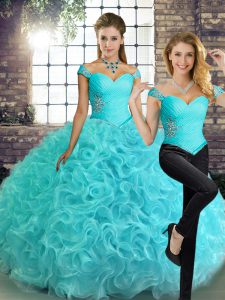 Edgy Aqua Blue Quince Ball Gowns Military Ball and Sweet 16 and Quinceanera with Beading Off The Shoulder Sleeveless Lace Up
