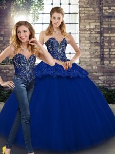 Beauteous Royal Blue Two Pieces Sweetheart Sleeveless Tulle Floor Length Lace Up Beading and Appliques 15 Quinceanera Dress