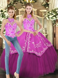Custom Designed Fuchsia Satin and Tulle Lace Up 15 Quinceanera Dress Sleeveless Floor Length Embroidery