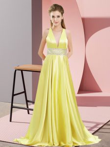 Designer Elastic Woven Satin Sleeveless Prom Dress Brush Train and Beading