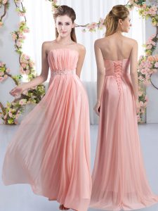 Ideal Pink Lace Up Vestidos de Damas Beading Sleeveless Sweep Train