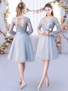 Romantic Long Sleeves Tulle Knee Length Lace Up Quinceanera Court of Honor Dress in Grey with Lace and Belt