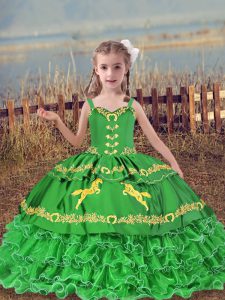  Organza Straps Sleeveless Lace Up Beading and Embroidery and Ruffled Layers Little Girls Pageant Dress in Green