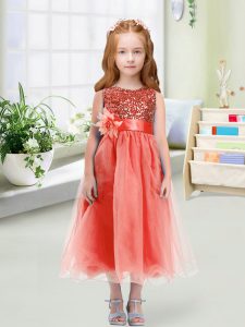 Top Selling Scoop Sleeveless Toddler Flower Girl Dress Tea Length Sequins and Hand Made Flower Watermelon Red Organza