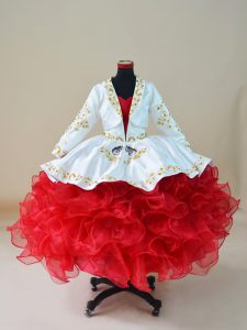  Sleeveless Floor Length Embroidery and Ruffles Lace Up Kids Formal Wear with White And Red 