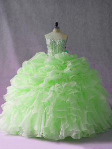  Sleeveless Organza Brush Train Lace Up Quinceanera Gowns in Yellow Green with Beading and Ruffles and Pick Ups
