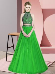 Pretty Floor Length Green Homecoming Dress Chiffon Sleeveless Beading
