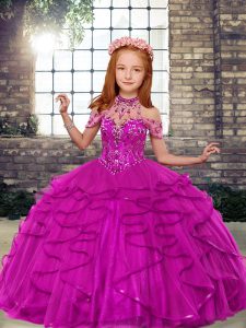 Admirable Fuchsia High-neck Lace Up Beading and Ruffles Little Girls Pageant Gowns Sleeveless