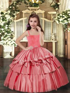 Wonderful Coral Red Taffeta Lace Up Kids Pageant Dress Sleeveless Floor Length Ruffled Layers