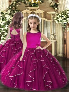 Modern Fuchsia Ball Gowns Tulle Scoop Sleeveless Ruffles Floor Length Lace Up Little Girls Pageant Gowns