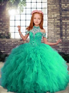 Fashion Turquoise Lace Up Halter Top Beading and Ruffles Girls Pageant Dresses Tulle Sleeveless