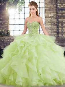 Trendy Yellow Green Tulle Lace Up Sweetheart Sleeveless 15 Quinceanera Dress Brush Train Beading and Ruffles