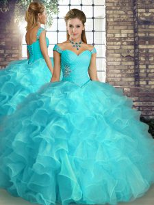 Amazing Aqua Blue Ball Gowns Off The Shoulder Sleeveless Organza Floor Length Lace Up Beading and Ruffles Quinceanera Gowns