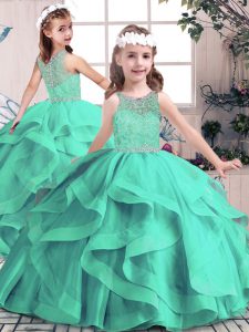  Tulle Scoop Sleeveless Lace Up Beading and Ruffles Kids Formal Wear in Aqua Blue