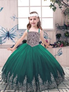  Sleeveless Tulle Floor Length Lace Up Little Girls Pageant Dress Wholesale in Green with Beading and Embroidery