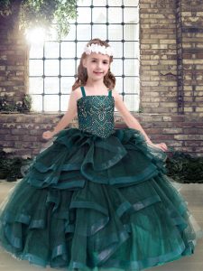  Ball Gowns Little Girls Pageant Dress Wholesale Peacock Green Straps Tulle Sleeveless Floor Length Lace Up